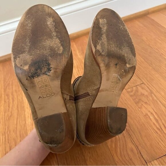 Aldo Women’s Tan Suede Brown Ankle Layered Strappy Western Heel Boots Size 7.5 - Picture 5 of 9